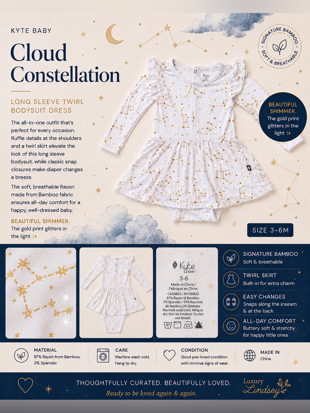 Kyte Baby Cloud Constellation Twirl Bodysuit Dress 3–6M Bamboo Gold Shimmer